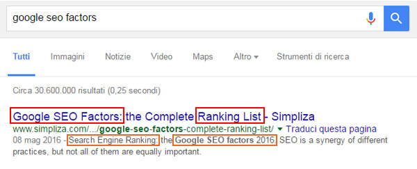 How to write the meta title? Wich is best practice for meta description? Screenshot of first serp position in Google SERP searching for Google SEO factors